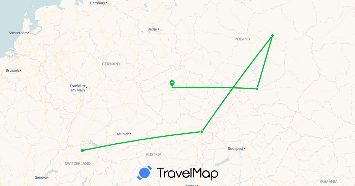 TravelMap itinerary: driving, bus in Austria, Switzerland, Czech Republic, Poland (Europe)